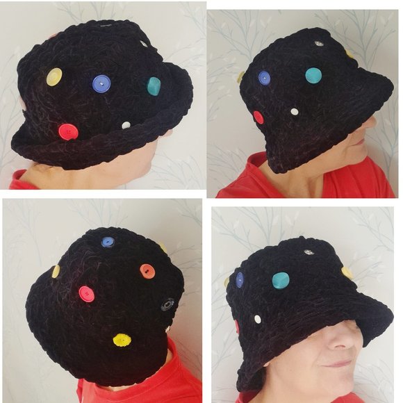 Deep Purple Velvet Hat Hand Ruched Fabric Decorated With Vintage Buttons - Picture 8 of 8